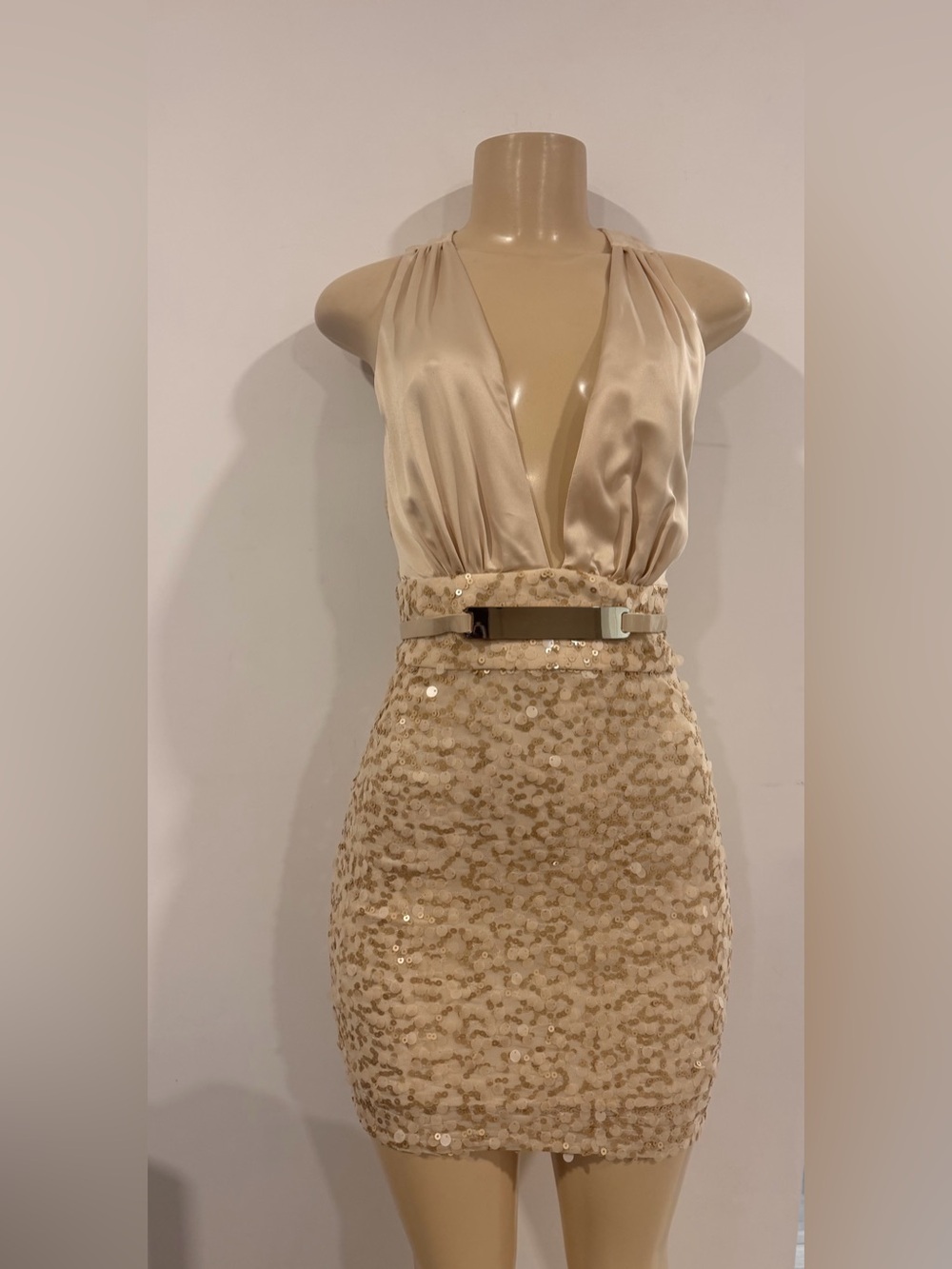 bebe nude Plunge Sequin Belted Dress Y2K